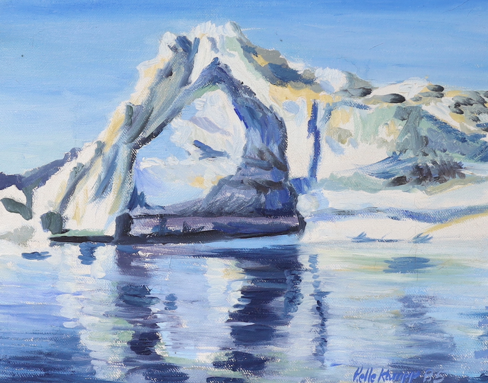 Oil on canvas, Greenland ice arch, indistinctly signed and dated '85, inscribed postcard verso, 23 x 29cm